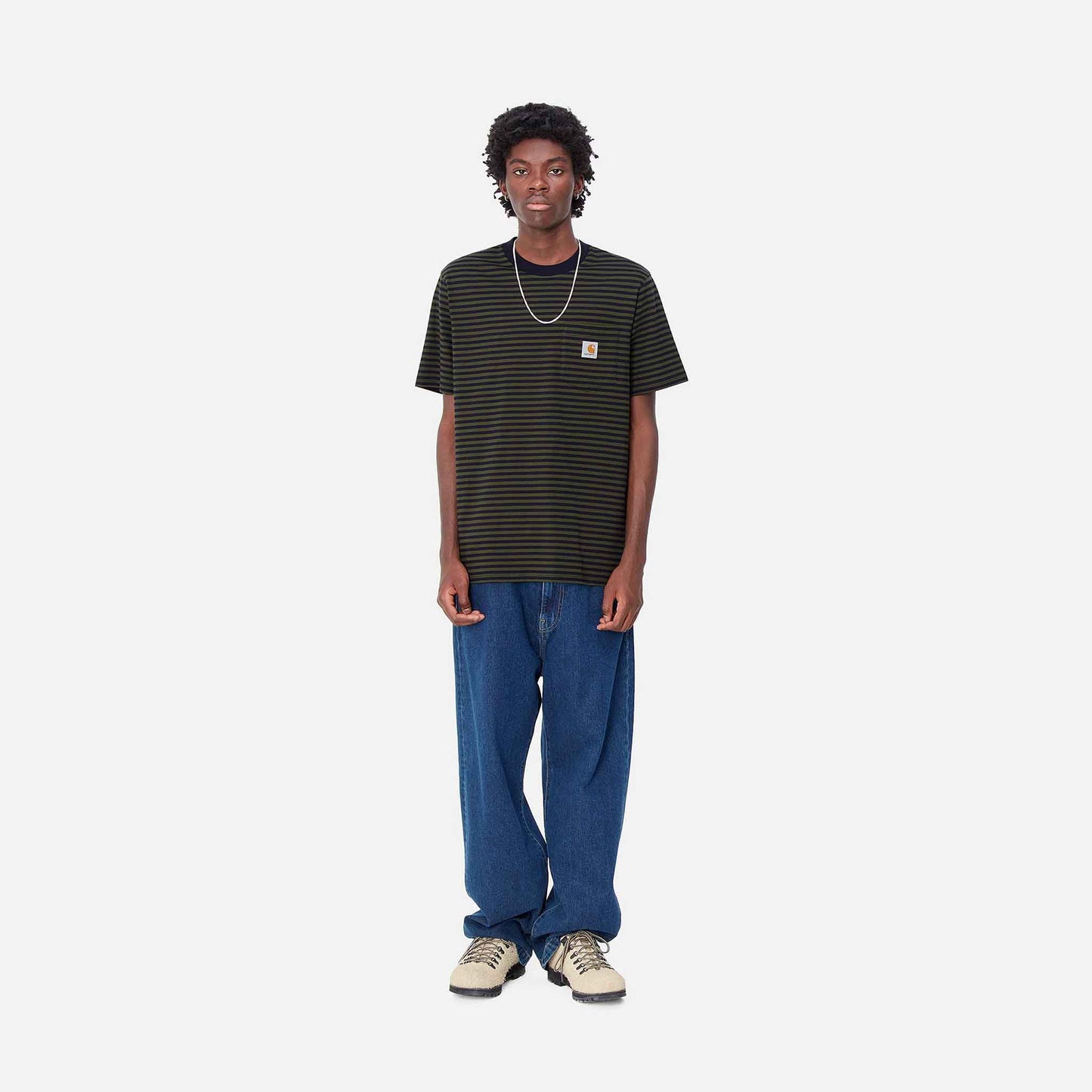 S/S Verner Pocket T-Shirt | Verner Stripe, Dark Navy / Office Green