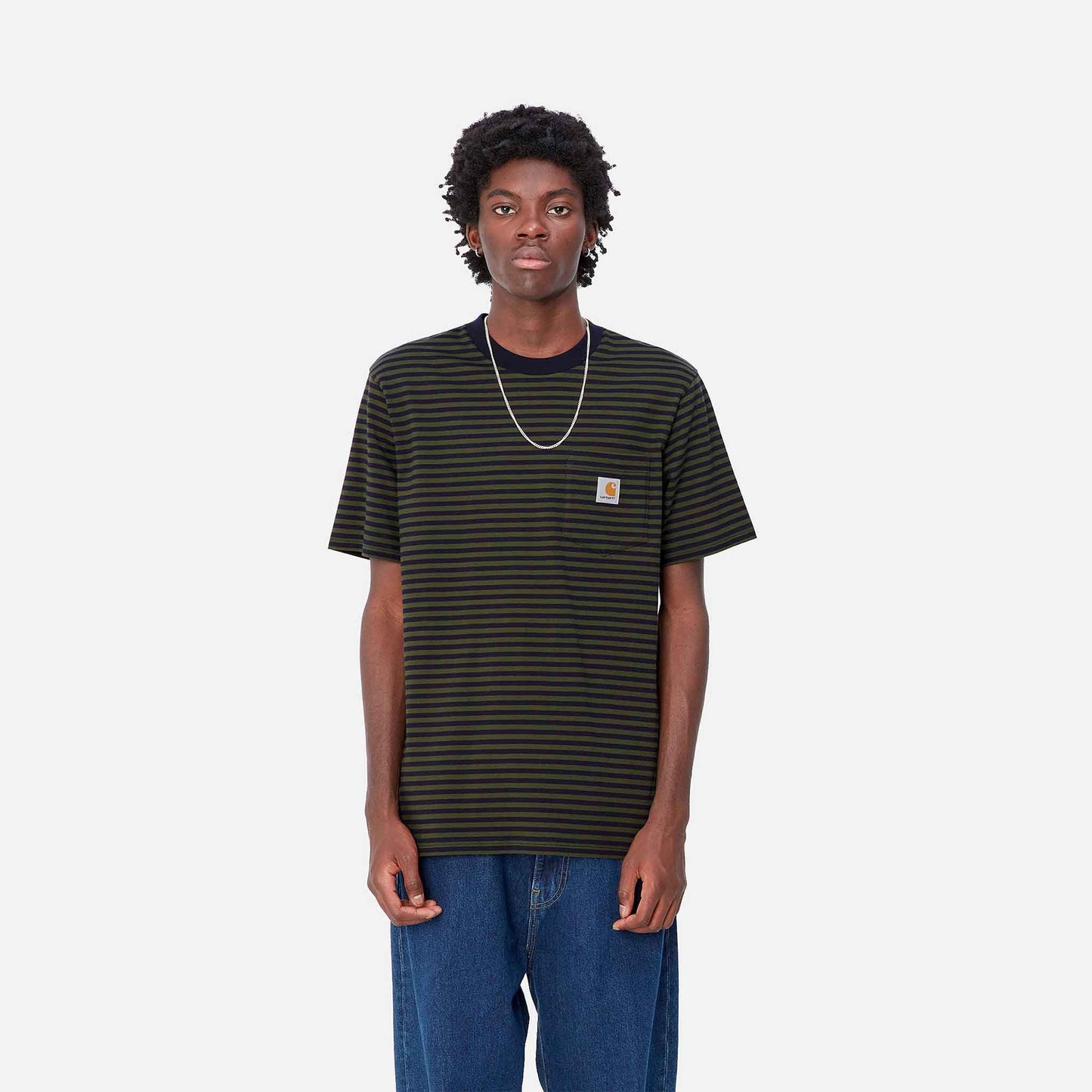 S/S Verner Pocket T-Shirt | Verner Stripe, Dark Navy / Office Green