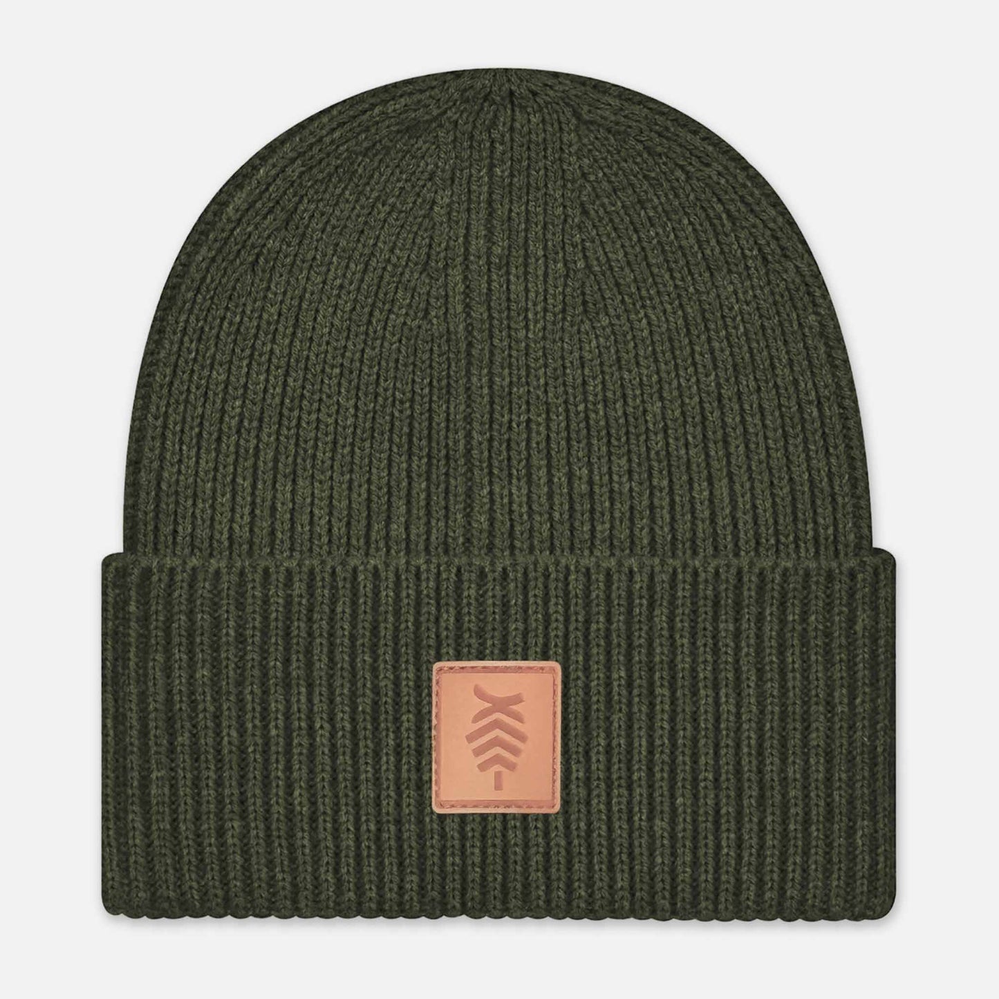 Oversized Cuffed Beanie Leather Patch | Olive Green